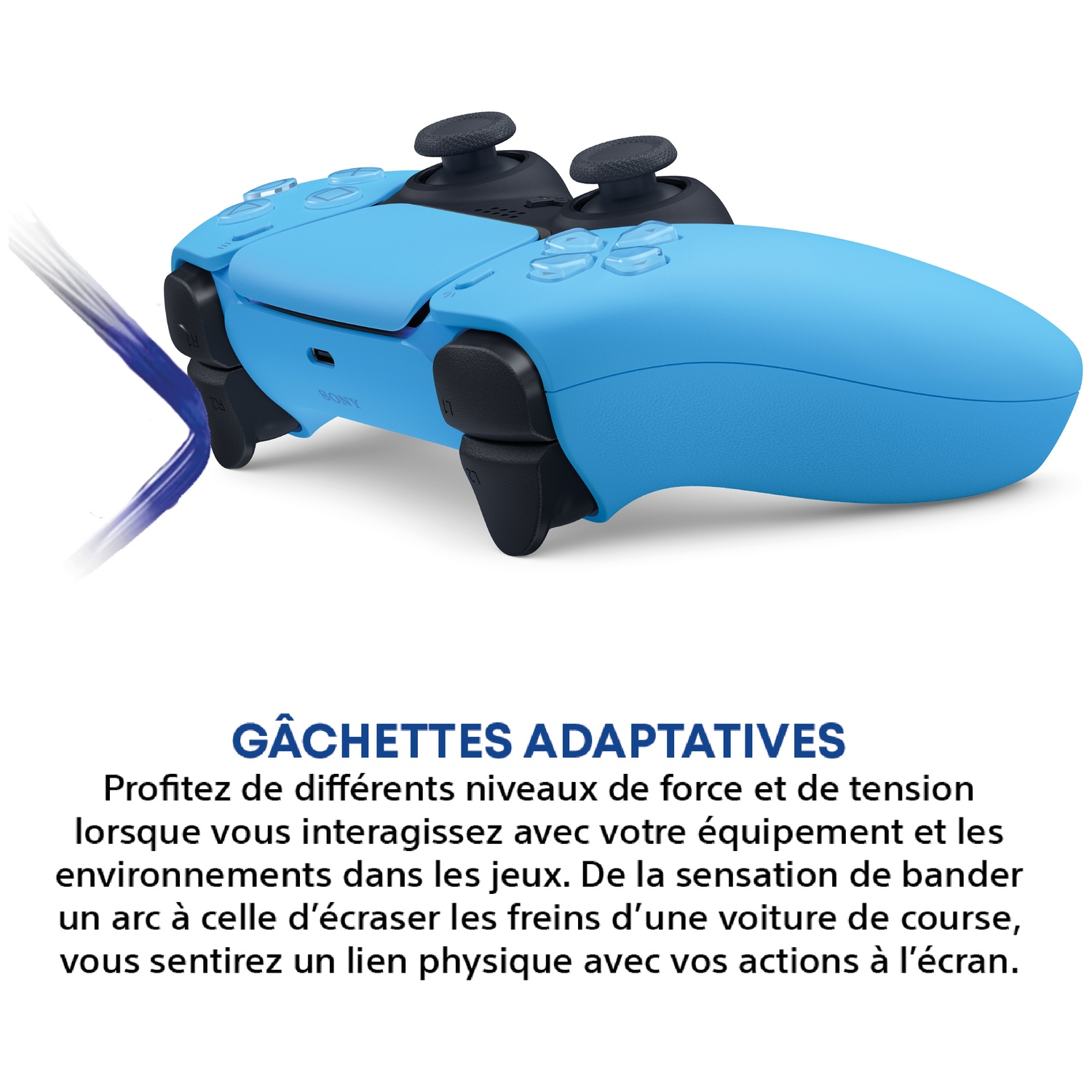 A blue PlayStation 5 controller with adaptive triggers and purple streaks.