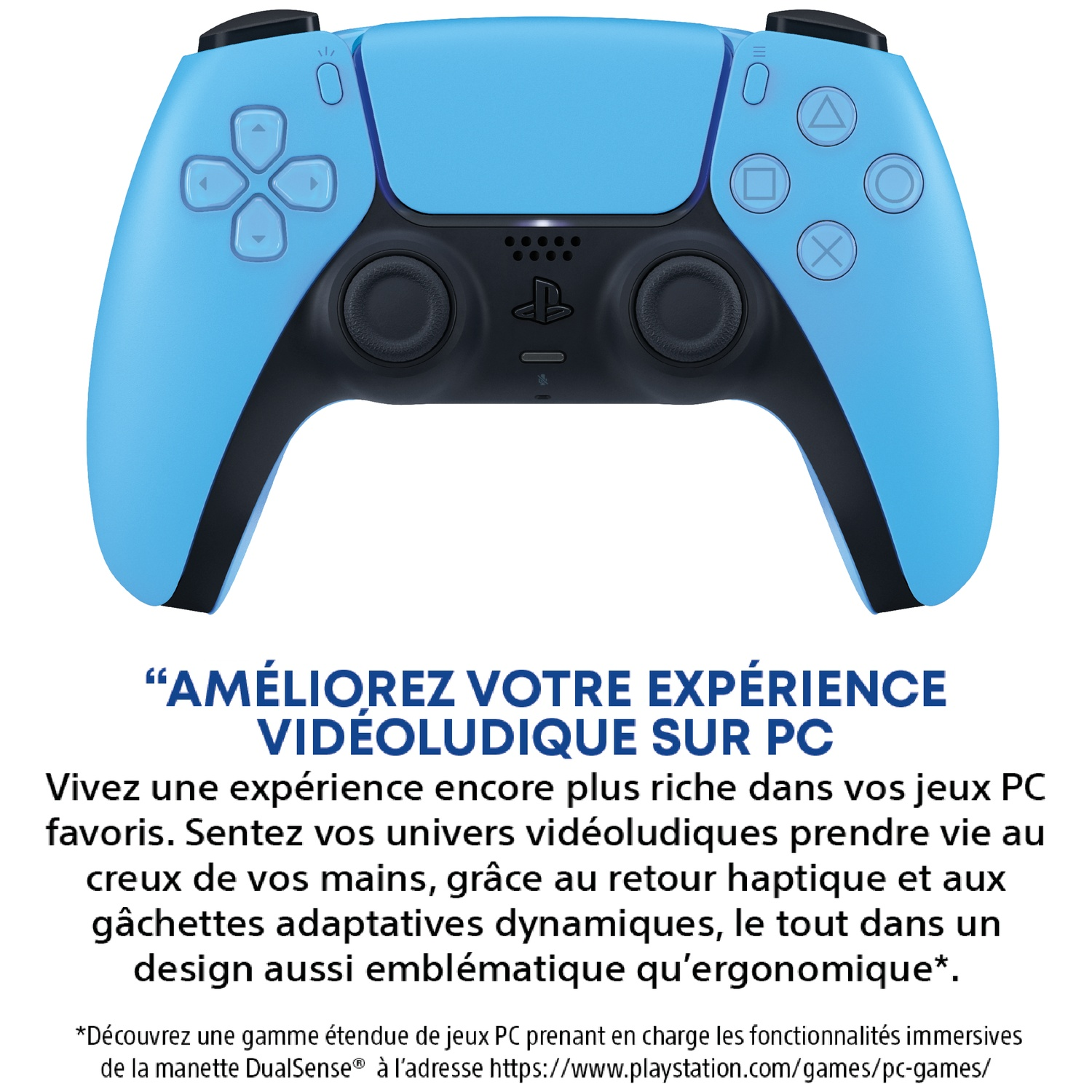 A light blue PlayStation DualSense controller with black accents.