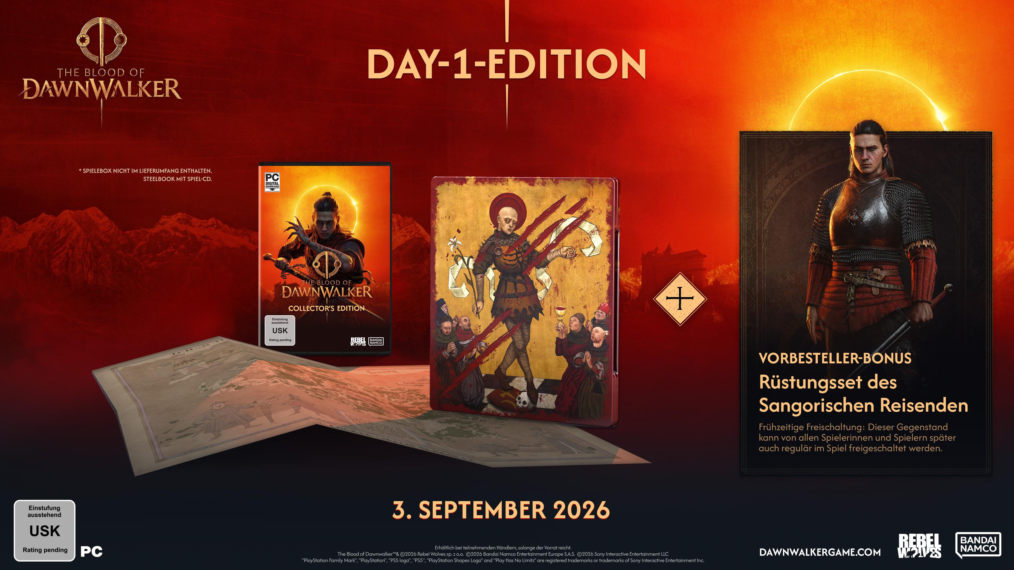 Spiel-Cover, Steelbook, Karte, und Bonus-Rüstung für 'The Blood of Dawnwalker'.