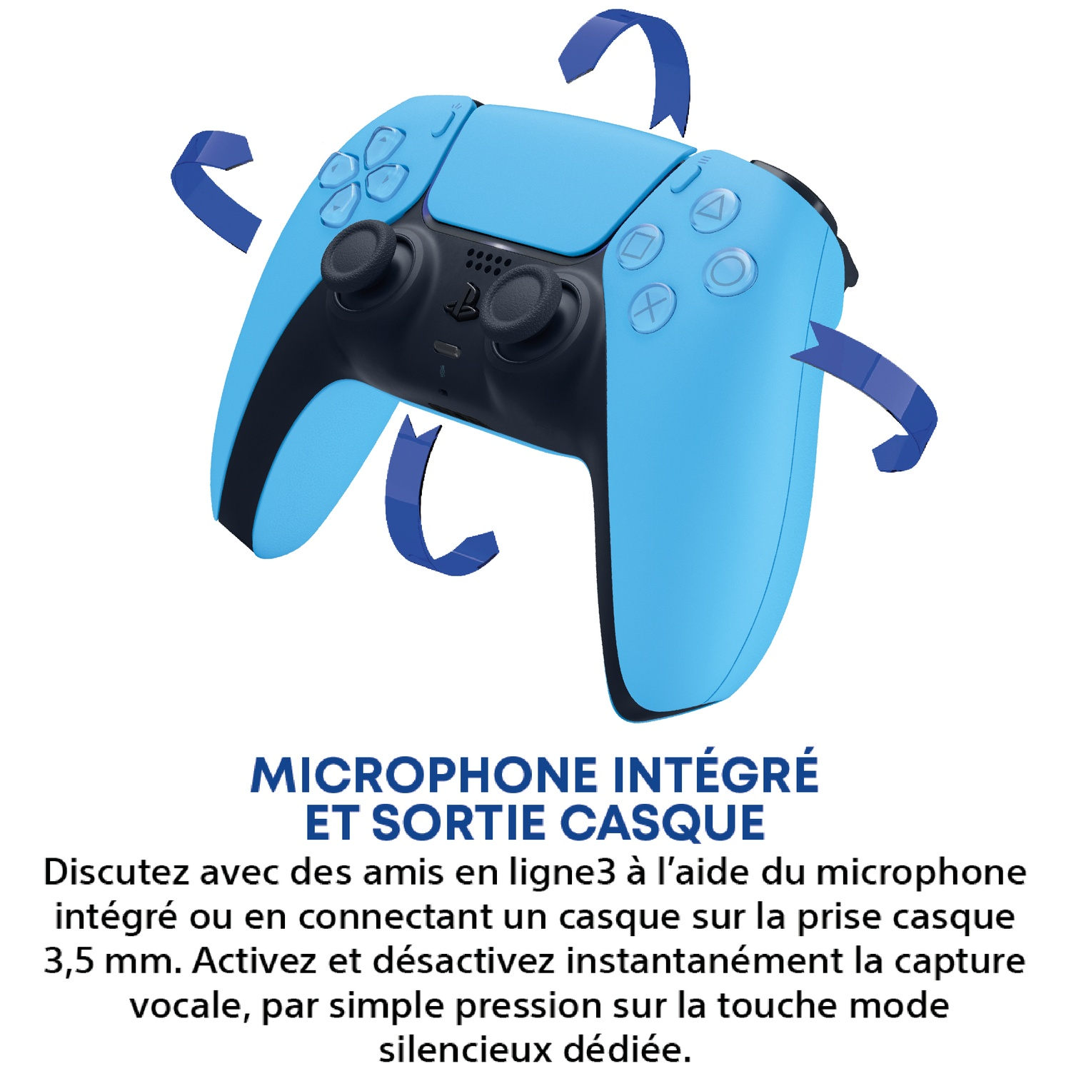 A light blue PlayStation 5 controller with black accents and blue arrows.