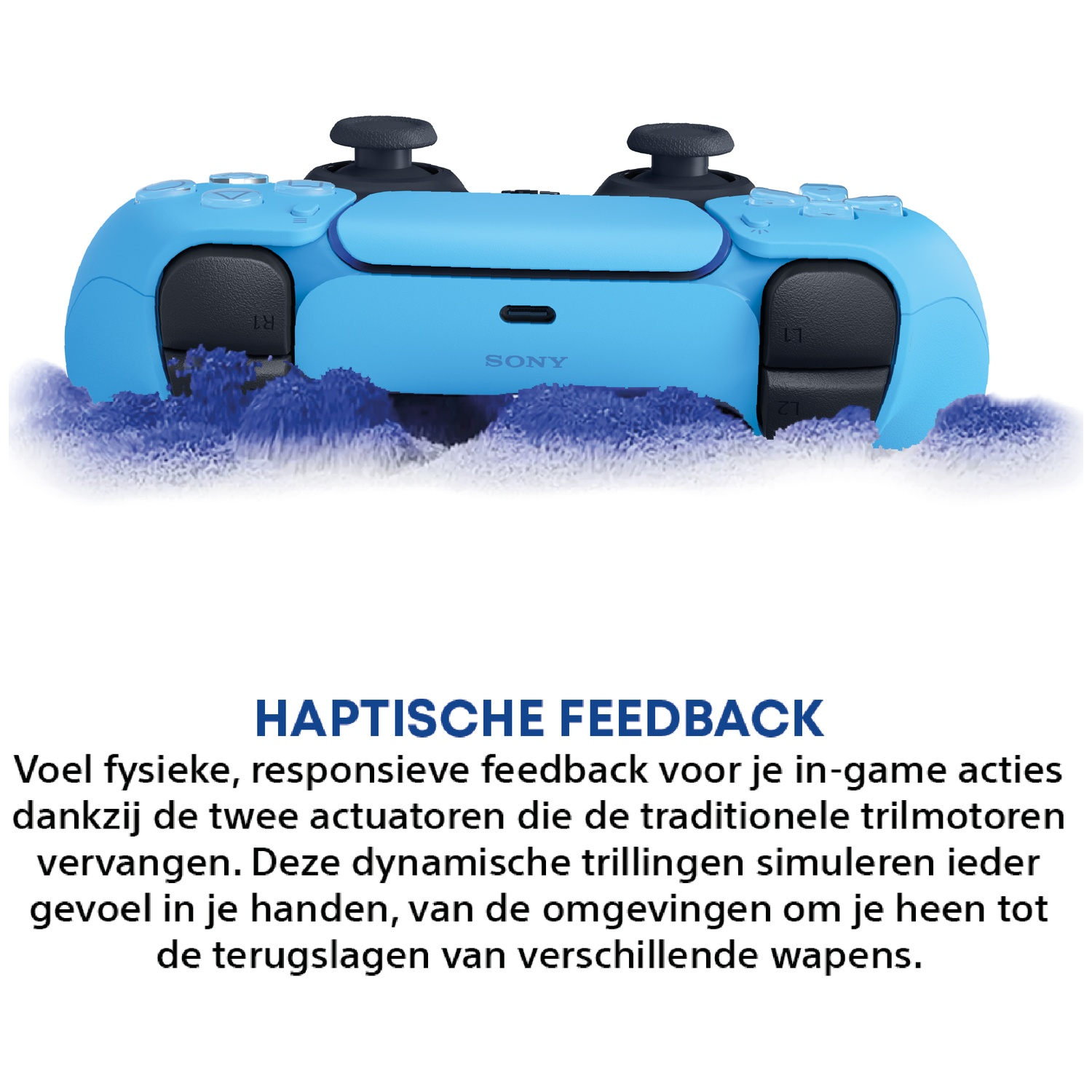A blue Sony controller with blue particles beneath it.