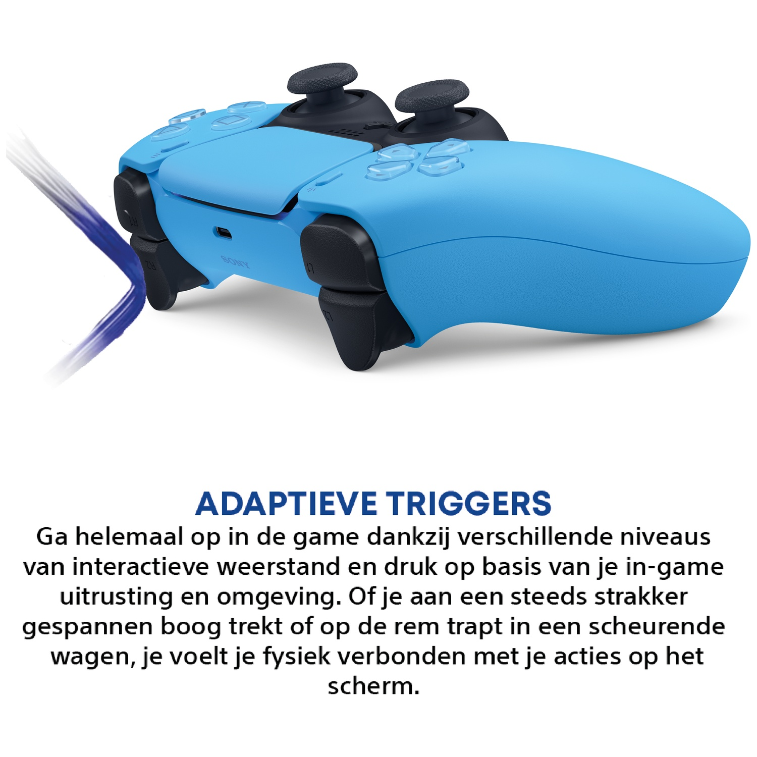 A blue PlayStation 5 controller with adaptive triggers on a white background.