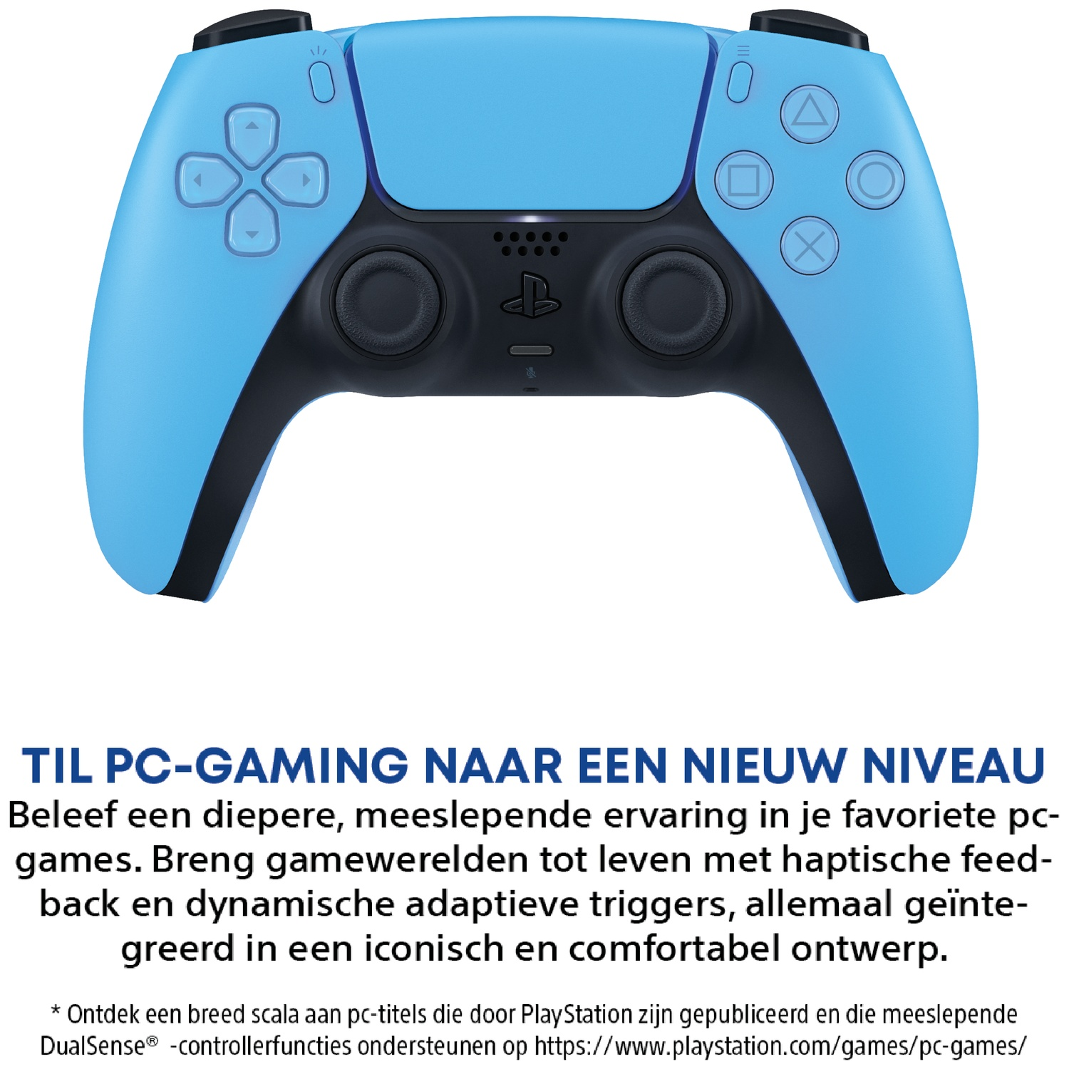 A bright blue PlayStation 5 controller with black accents.
