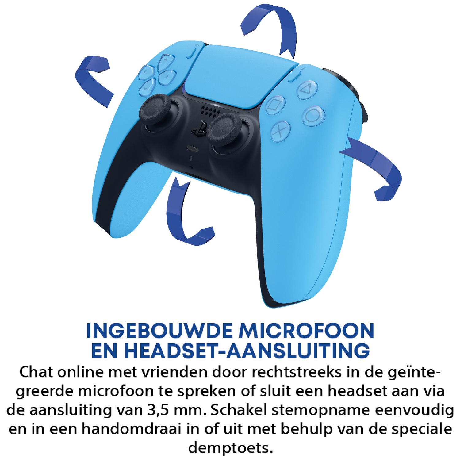 Blue controller with black accents and blue arrows indicating rotation.