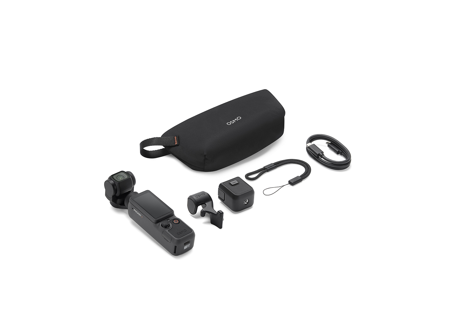Siyah Osmo Pocket gimbal, kılıf, kablo ve aksesuarlar beyaz arka planda.