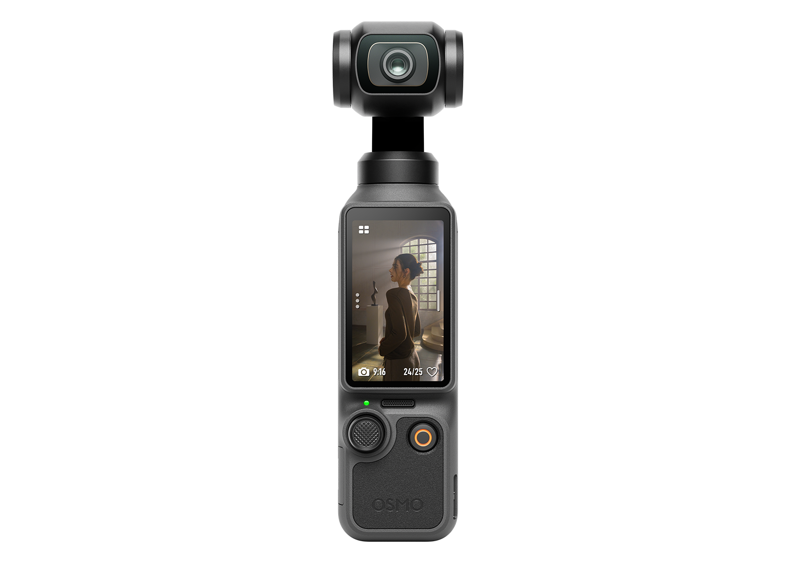 Ekranın üzerinde kamerası olan gri bir gimbal. Ekranda bir kadının videosu var.