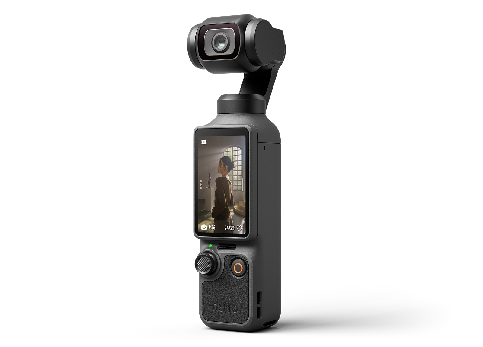 Gri gimbal dengeleyici, bir kadını gösteren kamera ve ekrana sahip.