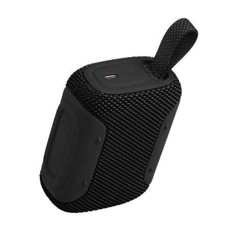 Egy fekete hordozható hangszóró texturált felülettel és hurokkal a tetején. USB-C port látható.