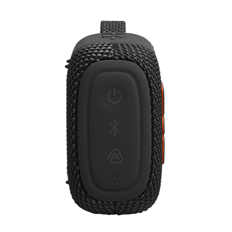 Fekete Bluetooth hangszóró gombokkal és hordszíjjal.