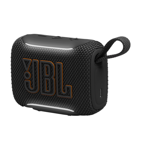 Fekete JBL Go 3 hangszóró narancssárga logóval és hordszíjjal.