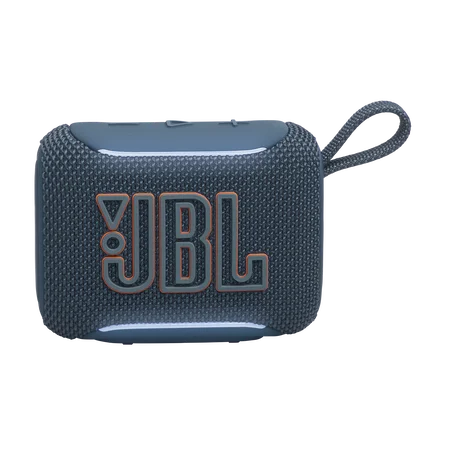 Kék JBL Go 3 hangszóró narancssárga logóval fekete háttéren.