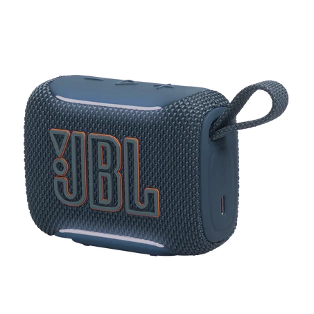 Kék JBL Go 3 hangszóró narancssárga logóval és hordszíjjal.