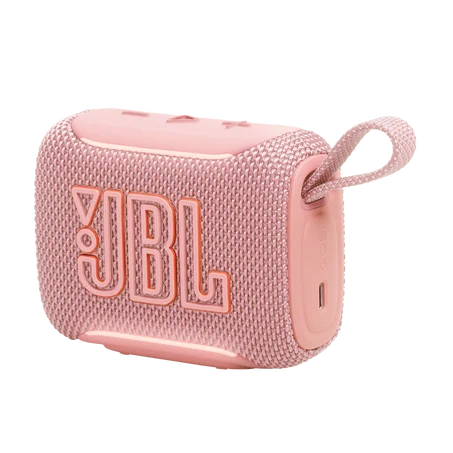 Egy rózsaszín JBL hangszóró látható USB-C porttal és hordszíjjal.