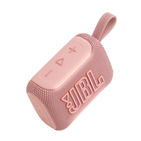 Egy rózsaszín JBL Bluetooth hangszóró hangerőszabályzó gombokkal és fogantyúval.