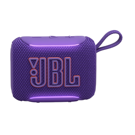 Lila JBL hangszóró hordozószíjjal és világító díszítéssel.