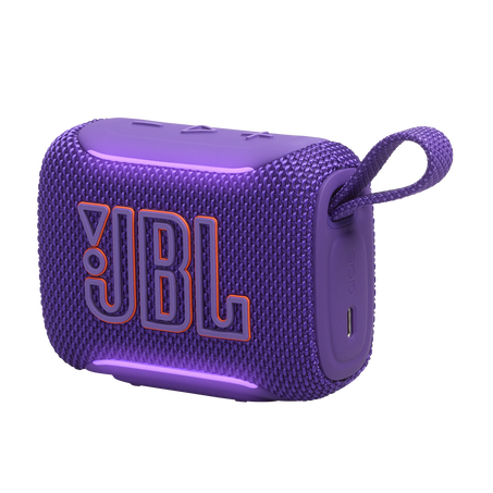 Lila JBL Go 3 hangszóró hordpánttal és USB-C porttal.