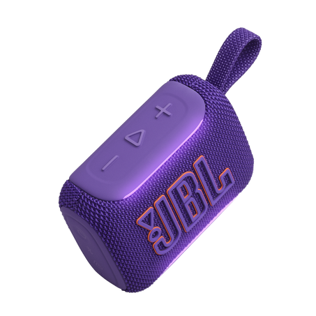 Lila JBL Go 3 hangszóró hordpánttal és vezérlőgombokkal.