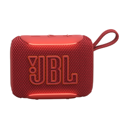 Piros JBL Go 3 hordozható hangszóró pánttal és JBL logóval.