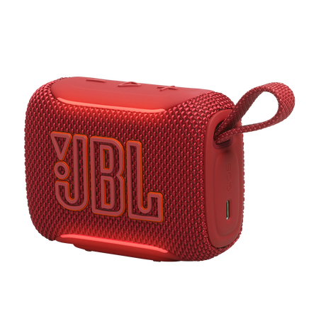 Egy piros JBL Go 3 hangszóró JBL logóval és hordszíjjal.