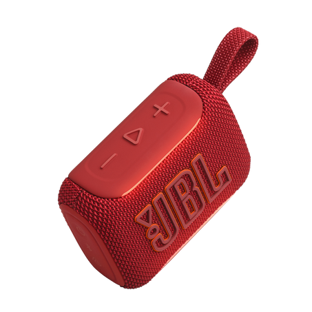 Piros JBL hangszóró pánttal és gombokkal.