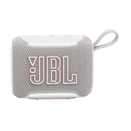 Fehér JBL Go 3 hordozható hangszóró szürke textil külsővel és narancssárga JBL logóval.