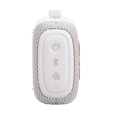 Kompakt fehér hangszóró bekapcsoló, Bluetooth és akkumulátor ikonokkal.