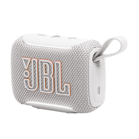 Fehér JBL Go 3 hordozható hangszóró narancssárga díszítéssel és szövetpánttal.
