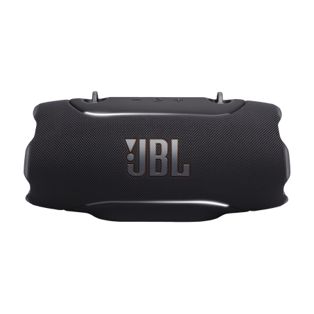 Fekete JBL Bluetooth hangszóró dombornyomott logóval és gombokkal a tetején.