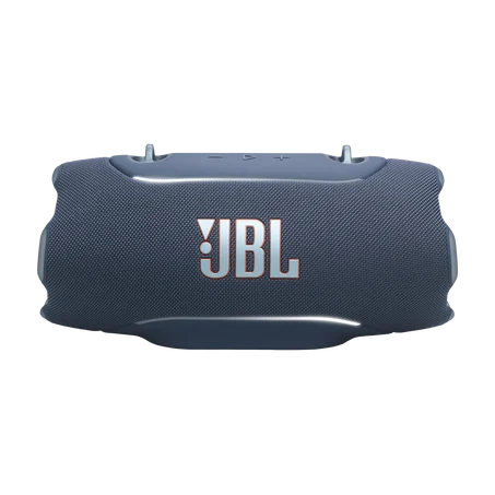Sötétkék JBL Bluetooth hangszóró ezüst logóval.