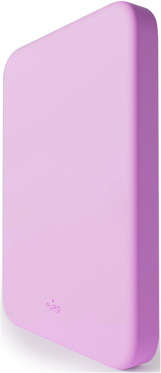 Ein rechteckiges, hellviolettes Objekt mit abgerundeten Ecken und einem Logo.