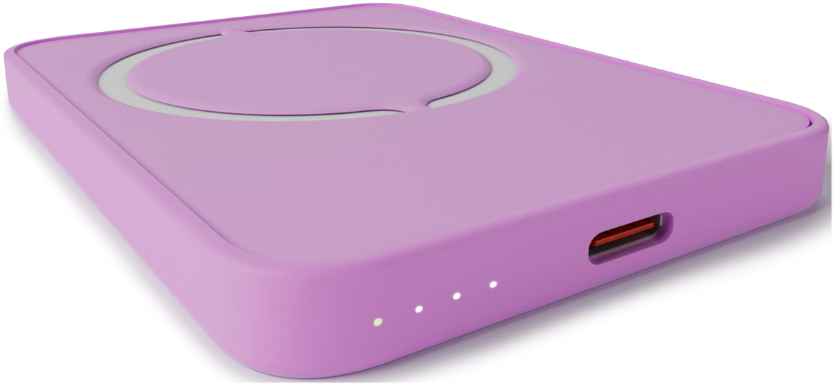 Lila Powerbank mit Ladeanzeige und USB-C-Anschluss.