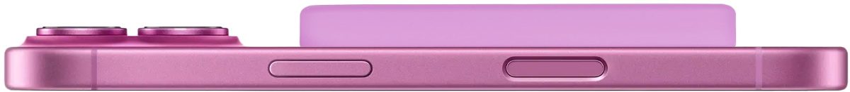 Detailansicht eines pinken Smartphones mit zwei Kameralinsen und einem lilafarbenen Zubehör.