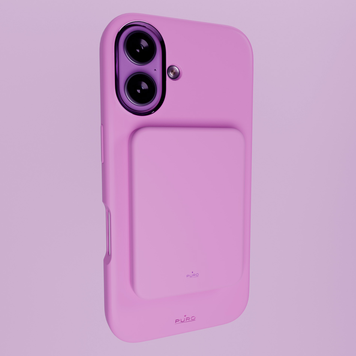 Ein lavendelfarbenes Handycover mit zwei Kameralinsen und einem Puro-Logo.