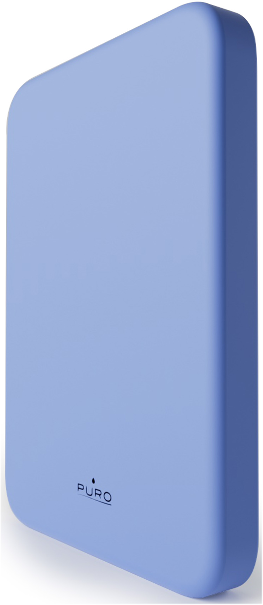 Ein hellblauer, rechteckiger Gegenstand mit abgerundeten Ecken und einem Logo.