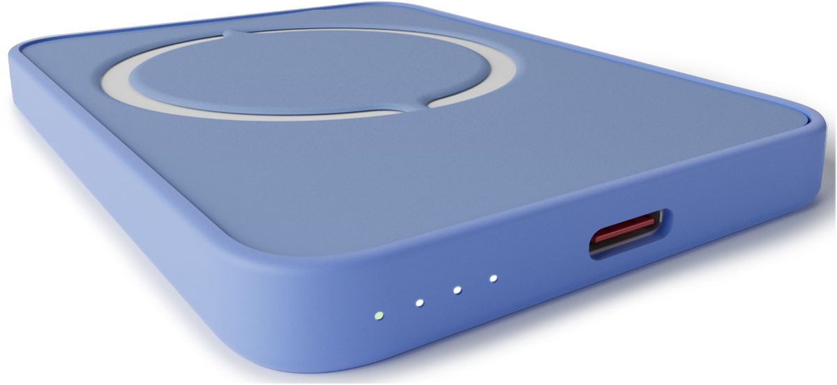 Ein flacher, blauer Ladeakku mit einem kreisförmigen Muster auf der Oberseite und einem USB-C-Anschluss.