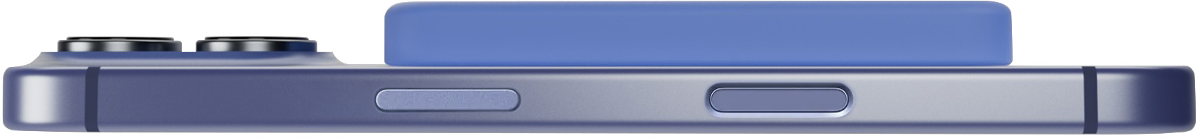 Nahaufnahme eines blauen Smartphones mit Kameralinsen und Tasten.