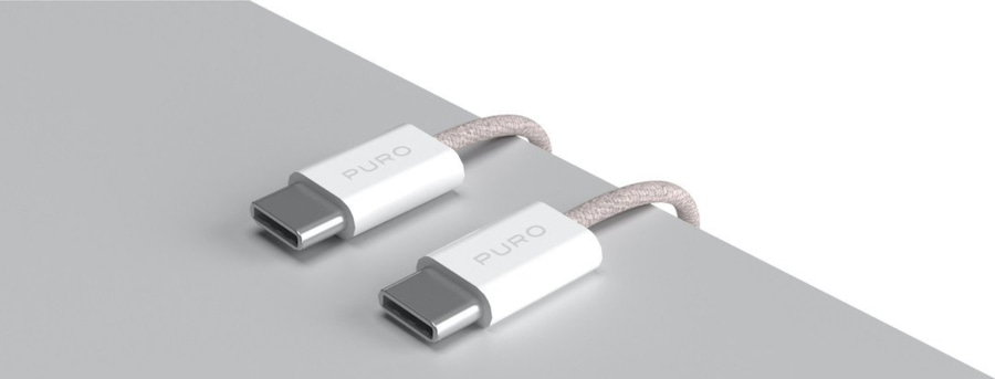 Zwei weiße USB-C-Kabel mit geflochtenem Stoff, auf grauem Untergrund.