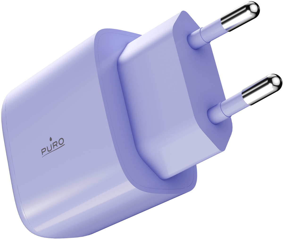 Ein lavendelfarbener Netzstecker mit zwei silbernen Pins und dem PURO-Logo.