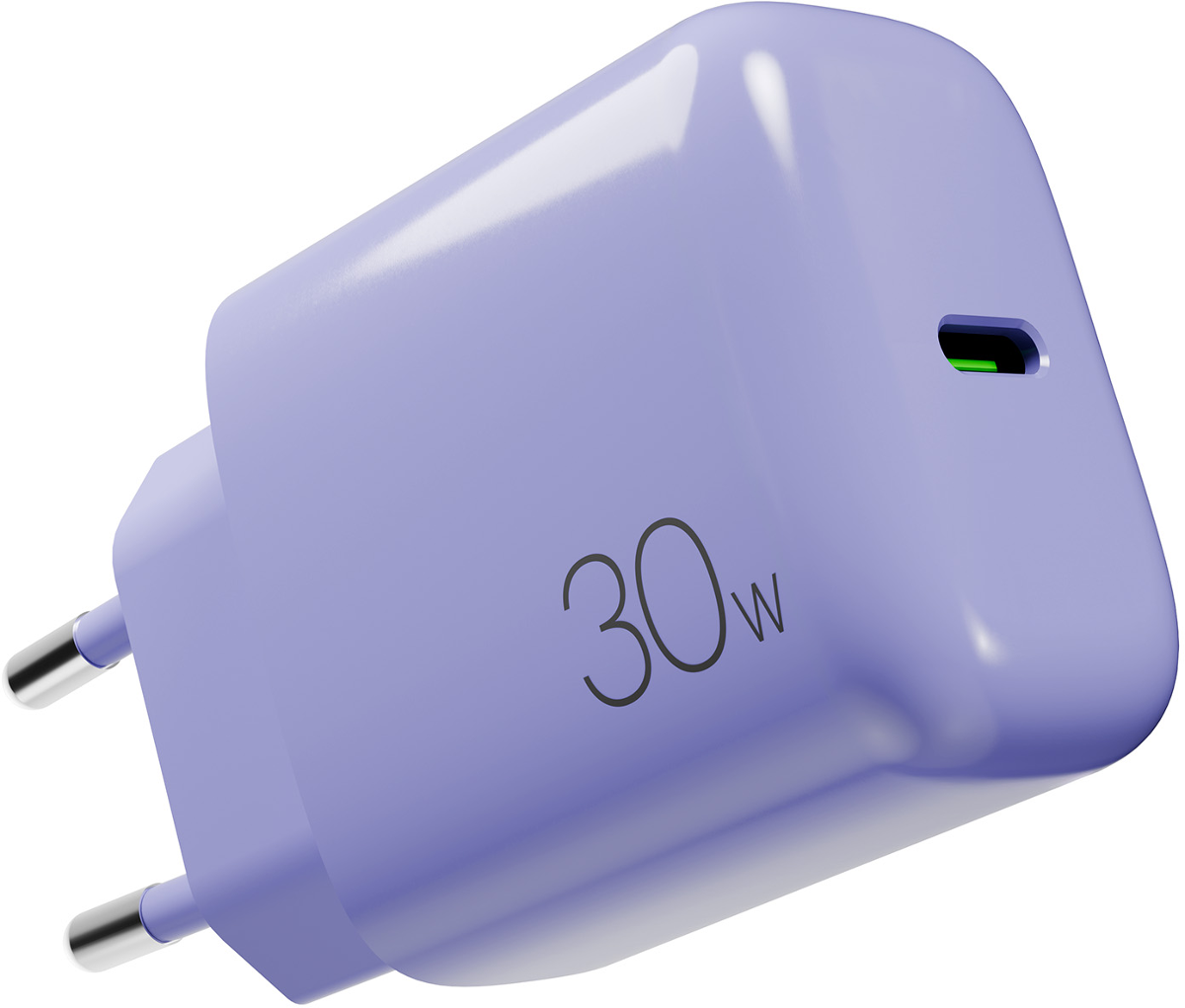 Ein lila 30W Ladegerät mit zwei Metallstiften und einem grünen USB-C-Anschluss.