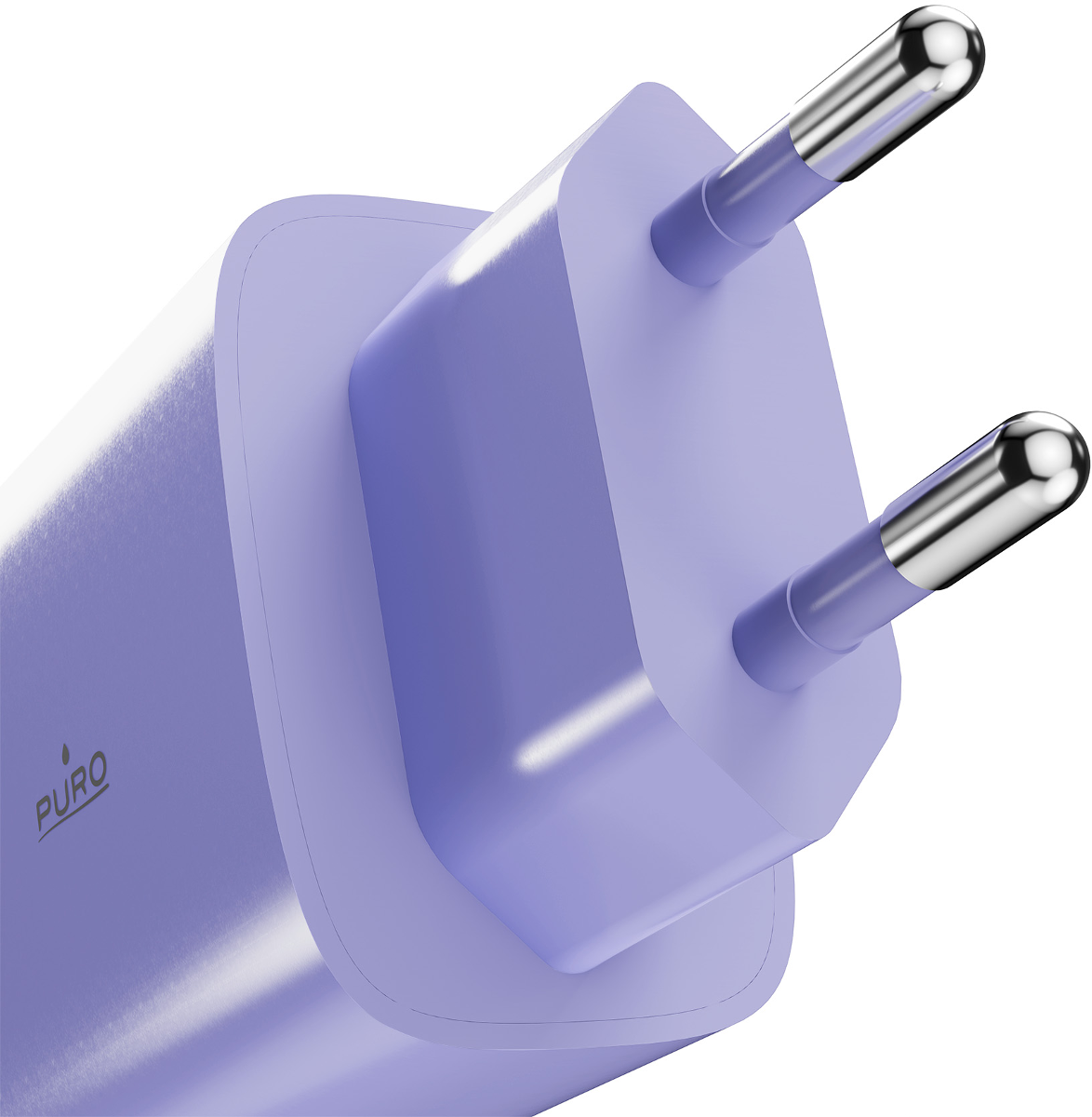 Ein lila Netzstecker mit zwei silbernen Stiften und dem Puro-Logo.