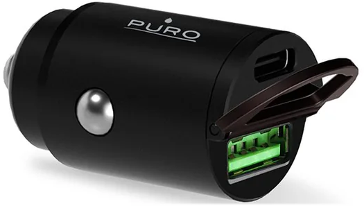 Schwarzer Puro KFZ-Ladeadapter mit USB-A und USB-C Anschlüssen.