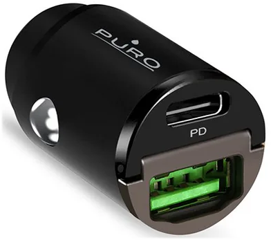 Schwarzer Puro-Autoladegerät mit USB-C PD und USB-A Anschlüssen.