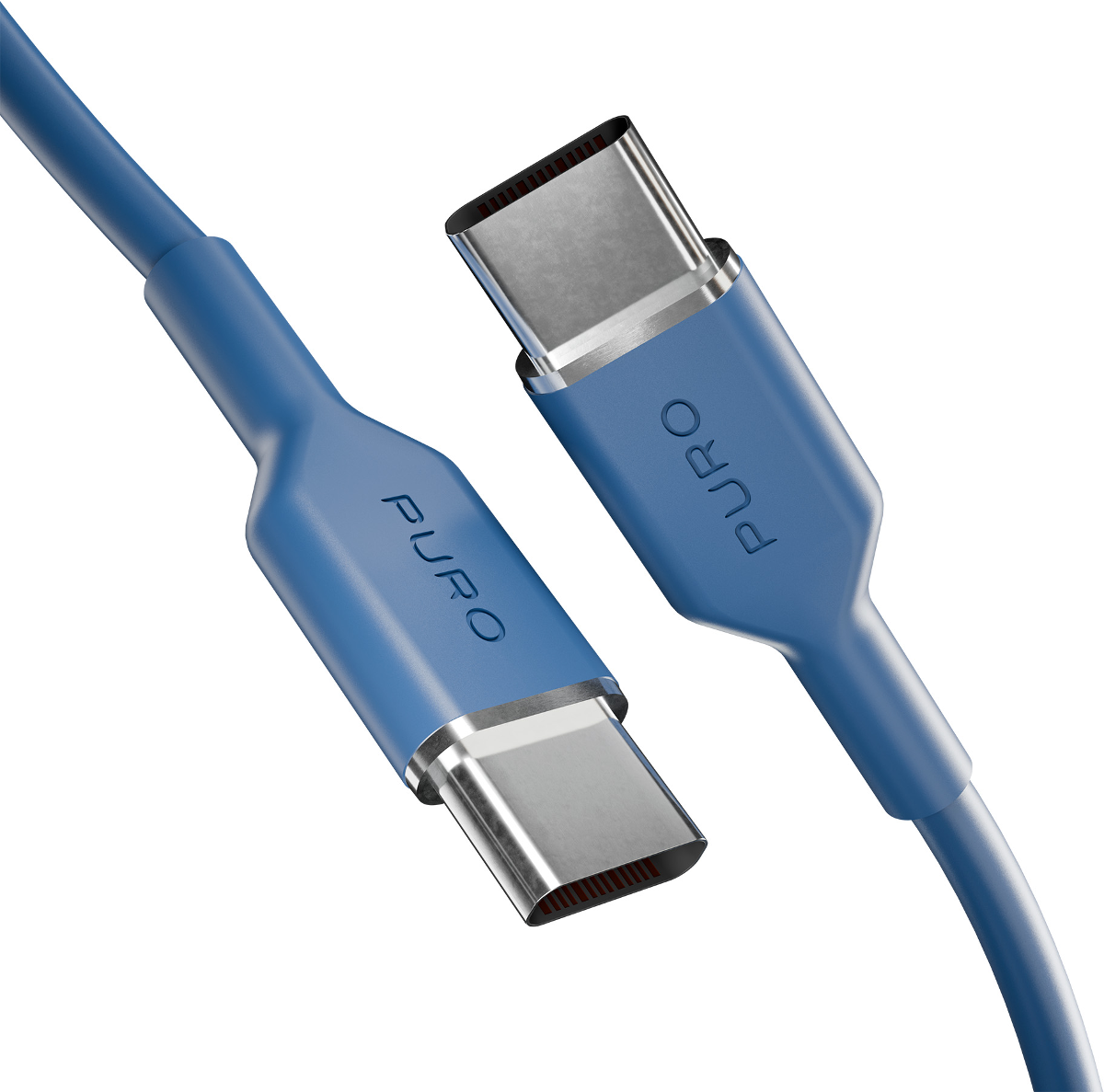 Zwei blaue USB-C-Kabel mit silbernen Anschlüssen auf weißem Hintergrund.