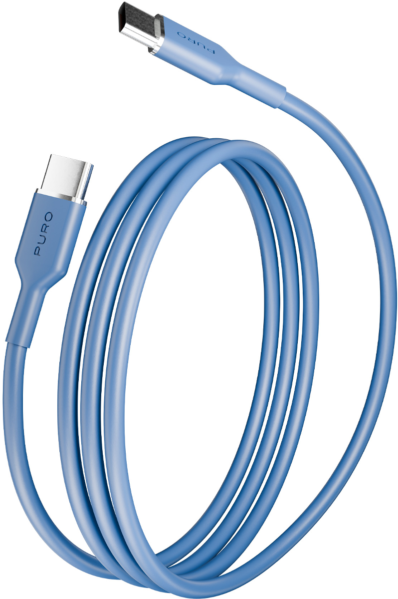 Ein blaues USB-C-Kabel mit silbernen Anschlüssen auf weißem Hintergrund.