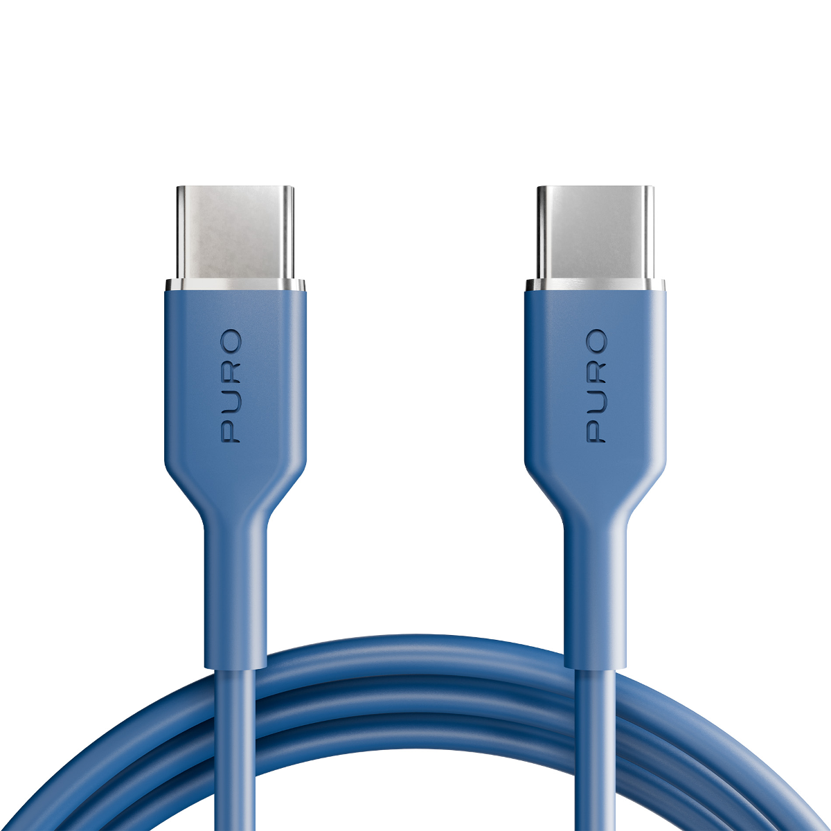Zwei blaue Puro USB-C-Kabel mit silbernen Anschlüssen auf weißem Hintergrund.