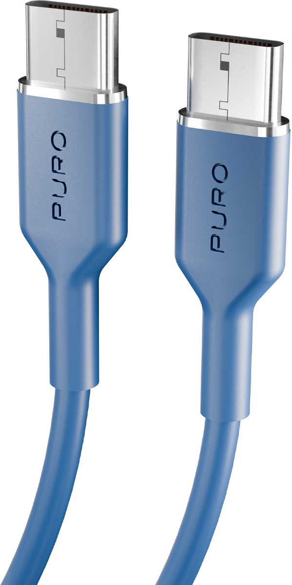 Zwei blaue USB-C-Kabel mit silbernen Anschlüssen, beide mit dem PURO-Logo.