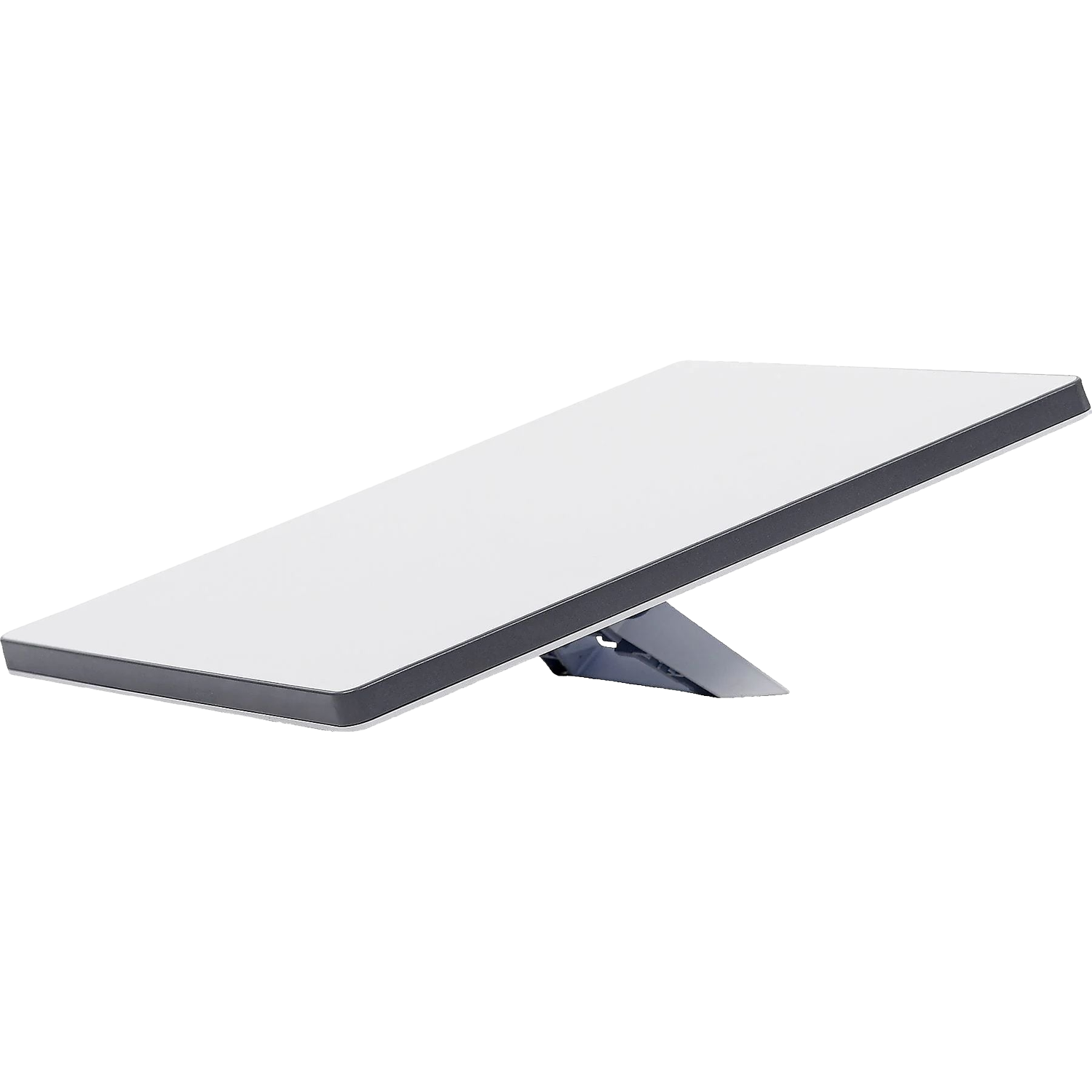 Een witte, rechthoekige schotel voor satellietinternet met een zilveren standaard.