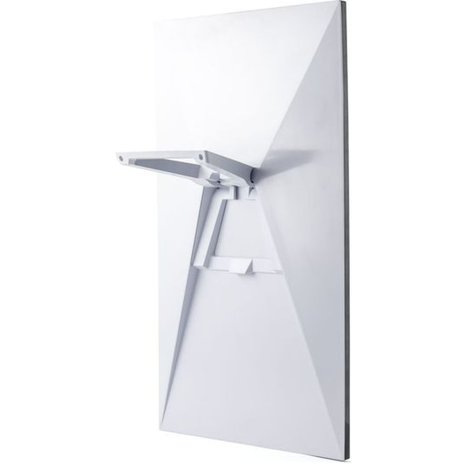 A white, rectangular stand with a foldable arm and geometric shapes.