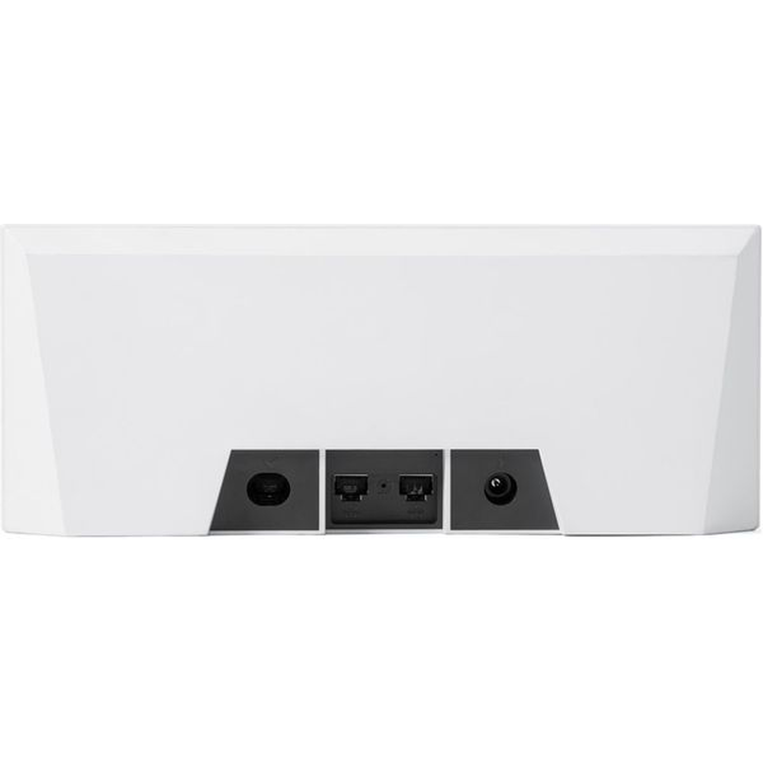 Back view of a white device with ports: power, ethernet, and USB.
