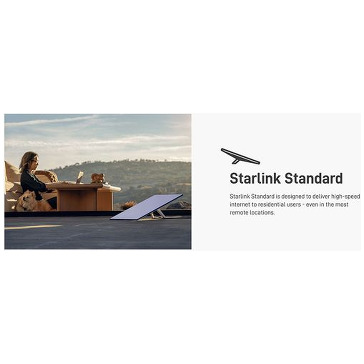 Woman works on laptop with dog nearby. Starlink dish is set up outdoors.